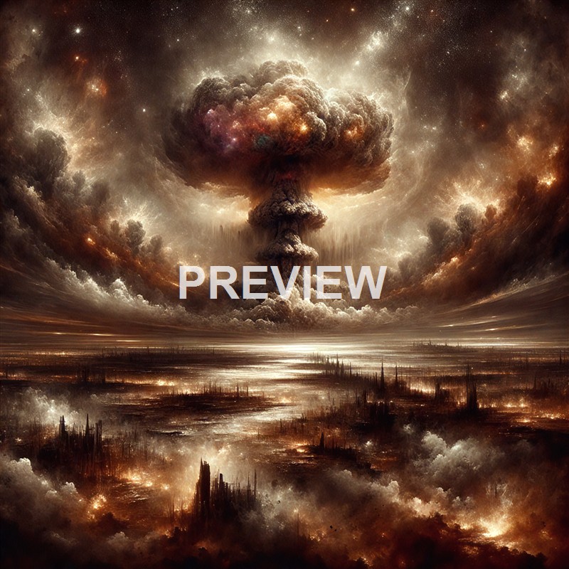 The image depicts a surreal, apocalyptic landscape with a large mushroom cloud resembling a nuclear explosion, set against a dark, stormy sky filled with swirling clouds and stars, and reflecting on a reflective, textured surface below.